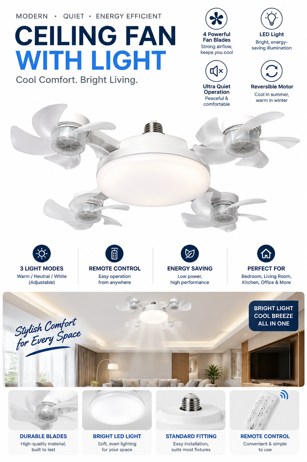 Foldable LED Fan Light with E27 Socket
